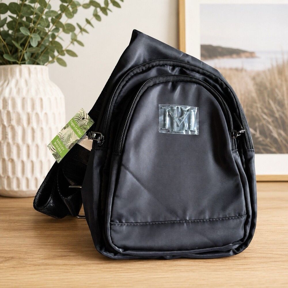 Bradley Mischka Black Sling Backpack Crossbody Bag Vegan Leather Trim Unisex NWT